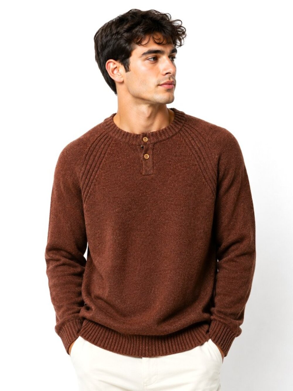 Wills Huckberry Rust 2-Button Henley Wool Cashmere Sweater